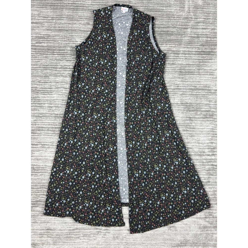 LuLaRoe Vest‎ Womens Medium Black Joy Floral Open Front Longline Ribbed Knit